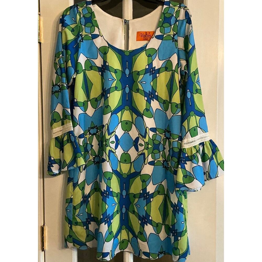 VTG Voom by Joy Han Geometric Tunic MiniDress S Bell Sleeve Retro Psychedelic